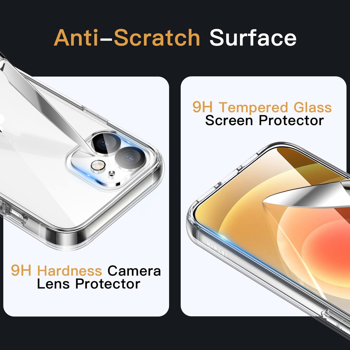 JETech 5 in 1 Case for iPhone 12 6.1-Inch, with 2-Pack Screen Protector and 2-Pack Camera Lens Protector, Full Coverage Tempered Glass Film, Non-Yellowing Shockproof Bumper Phone Cover (Clear)