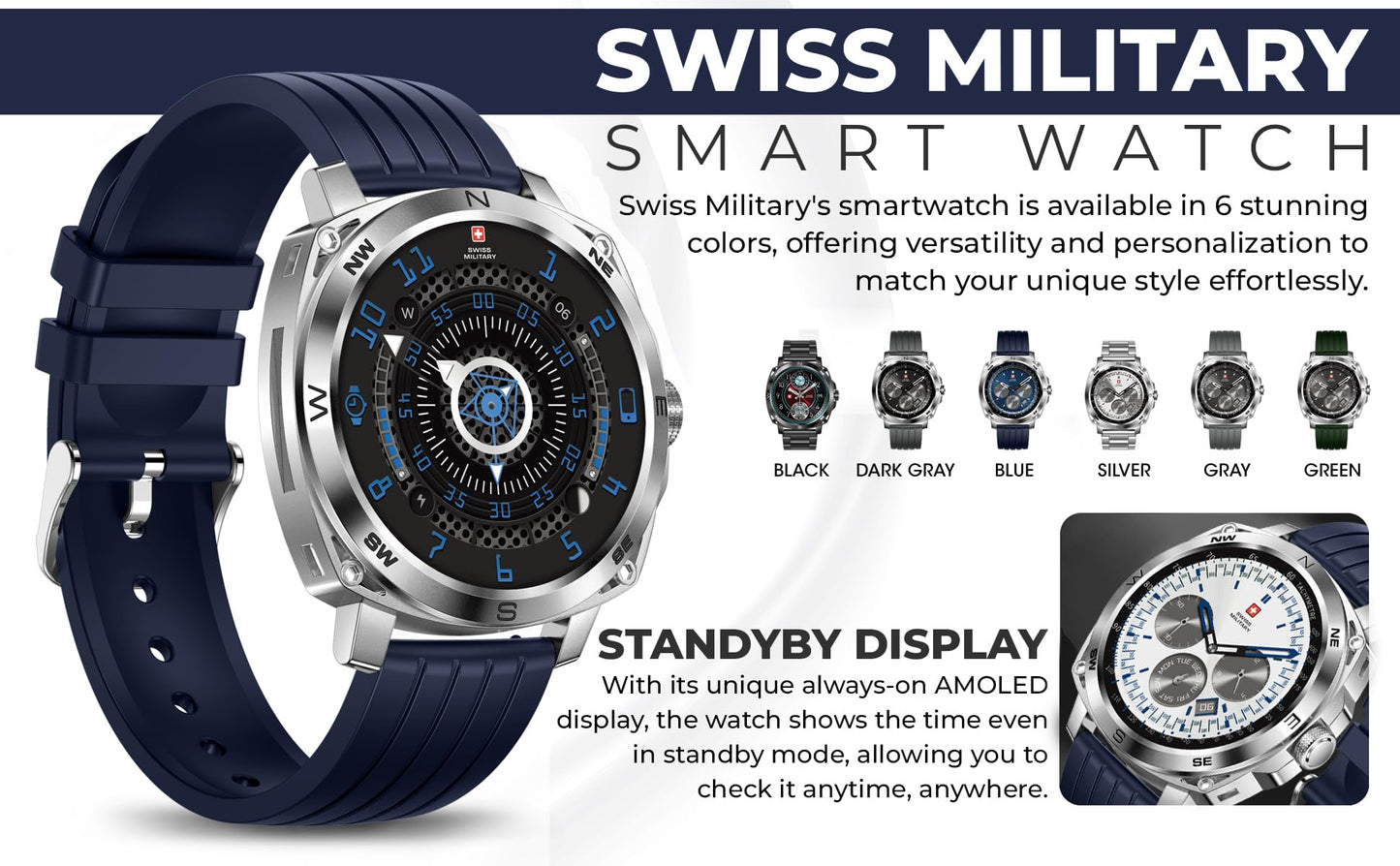 Swiss Military Dom 4 Smartwatch - 1.43" AMOLED, Call Features, Multi Language, Heart Rate/BP/Oxygen Level Monitoring, Wireless Charging, 5-7 Days Battery Life,IP67, Compatibility: iOS/Android- Blue