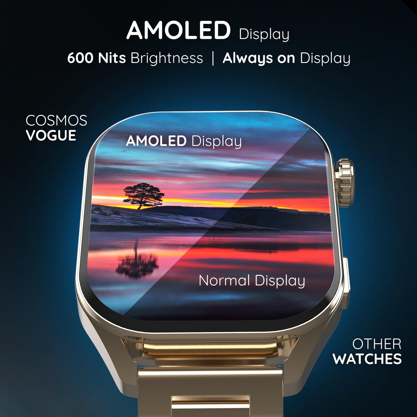 Pebble Cosmos Vogue 1.96" AMOLED Display Smart Watch for Men and Women, BT Calling, Multiple Sports Mode, Heart Rate Monitor, AI Voice Assistance Alarm & Notification, Metal Stap, Classic Gold