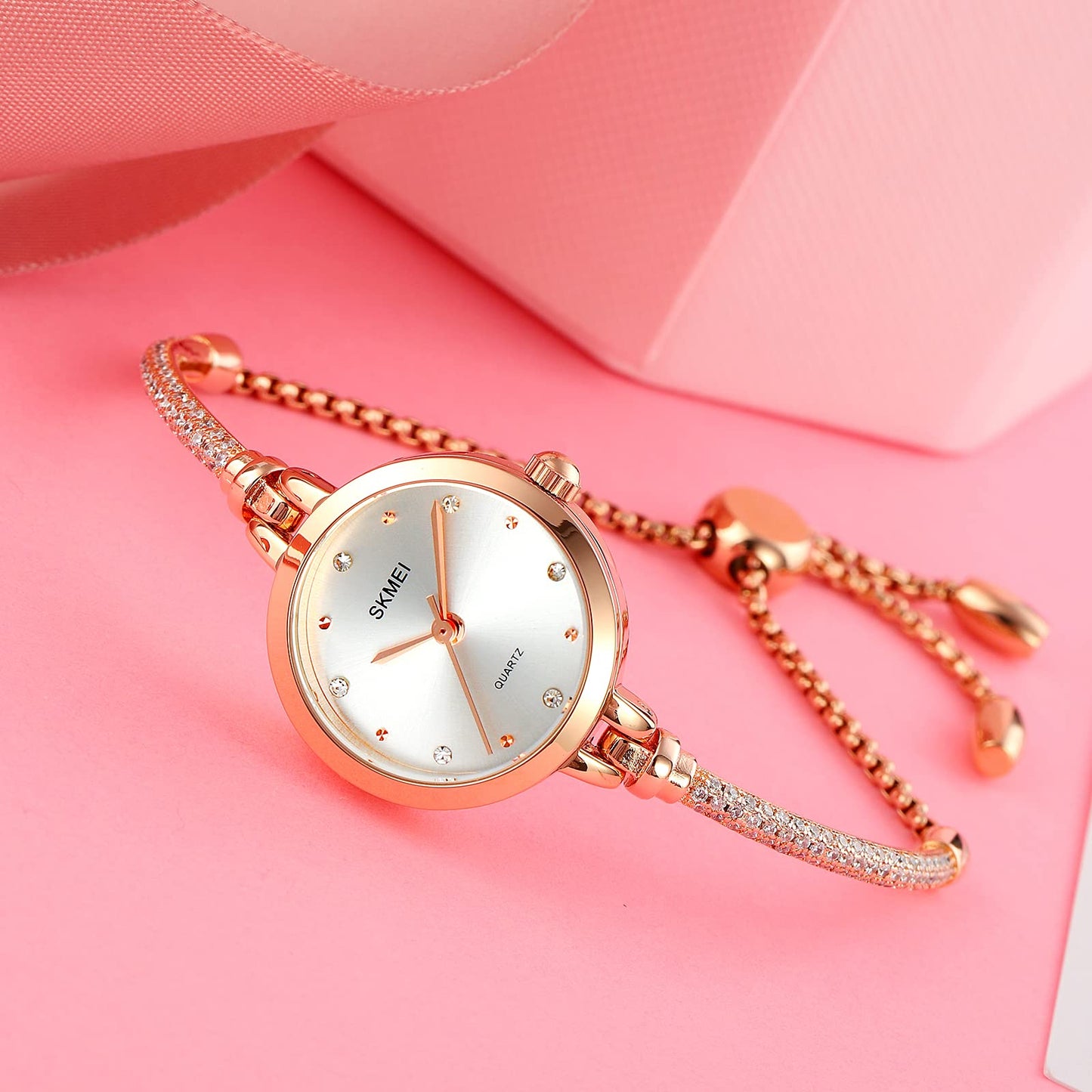 SKMEI Women Watches Bracelet Diamond Ladies Female Small Rose Gold Fashion Luxury Thin Waterproof Analog Quartz Casual Girls Wife Gifts Silver Wrist Watch