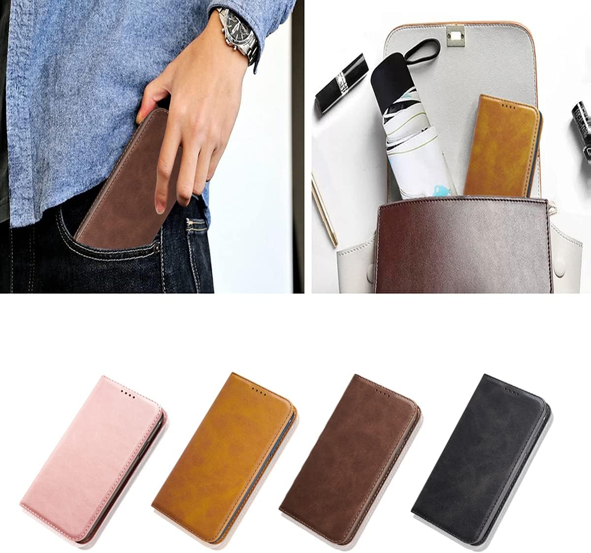 LANJLM iPhone 13 Case PU Leather Wallet Case Card Holder Shockproof Flip Cover - Khaki