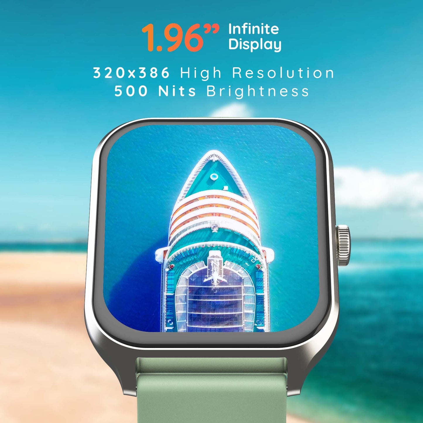 Pebble Cruise, 1.96" Infinite Display, Fitness Tracker, AI Voice assistance, Bluetooth V5.0 Calling, 500 NITS Brightness with FHD Rectangular Screen Smartwatch for Men & Women - Mint Green