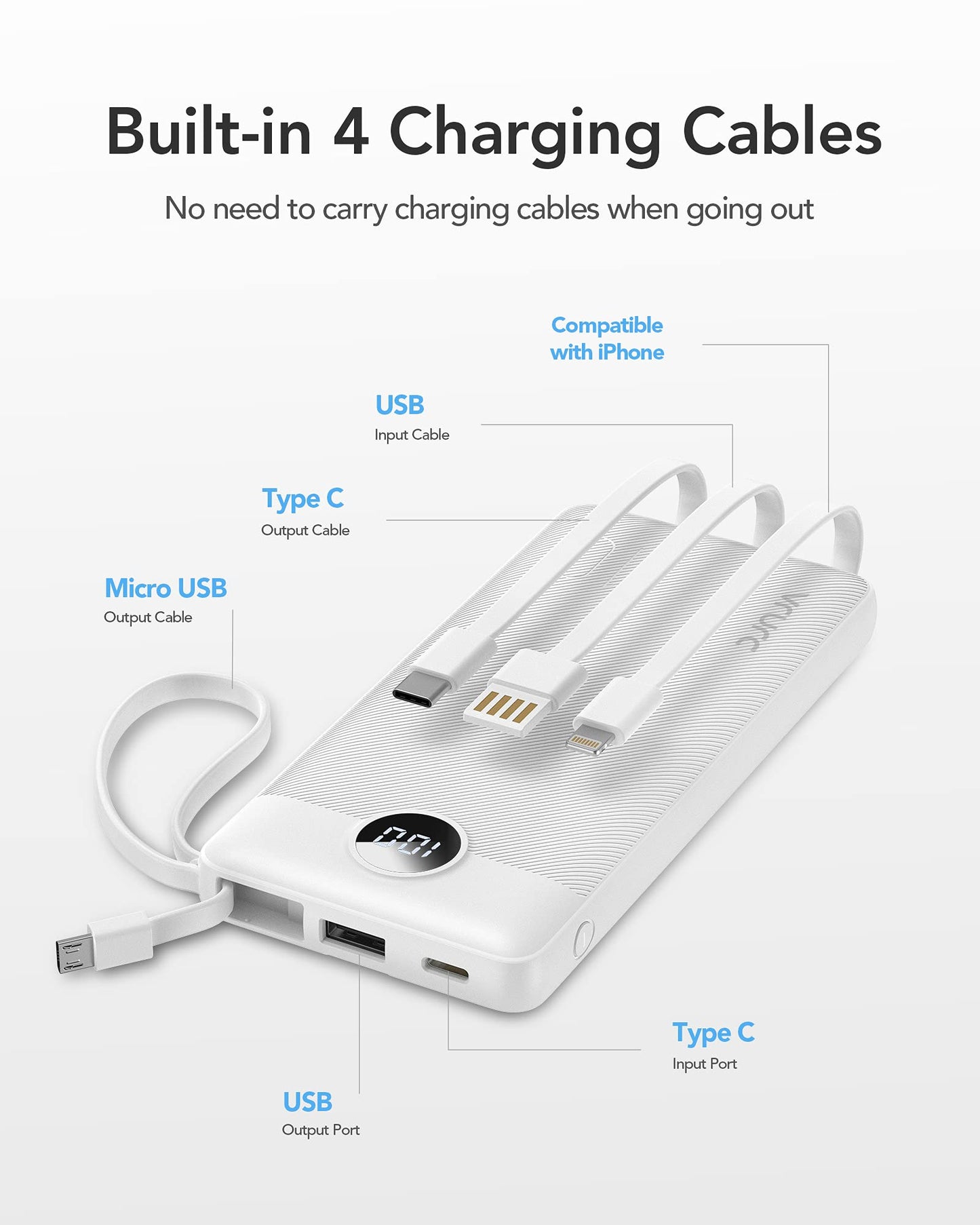 VRURC Portable Charger with Built in Cables,VRURC 10000mAh Ultra Slim USB C Power Bank, 4 Output 2 Input LED Display External Battery Pack Phone Charger Compatible with iPhone,Samsung Cell Phones