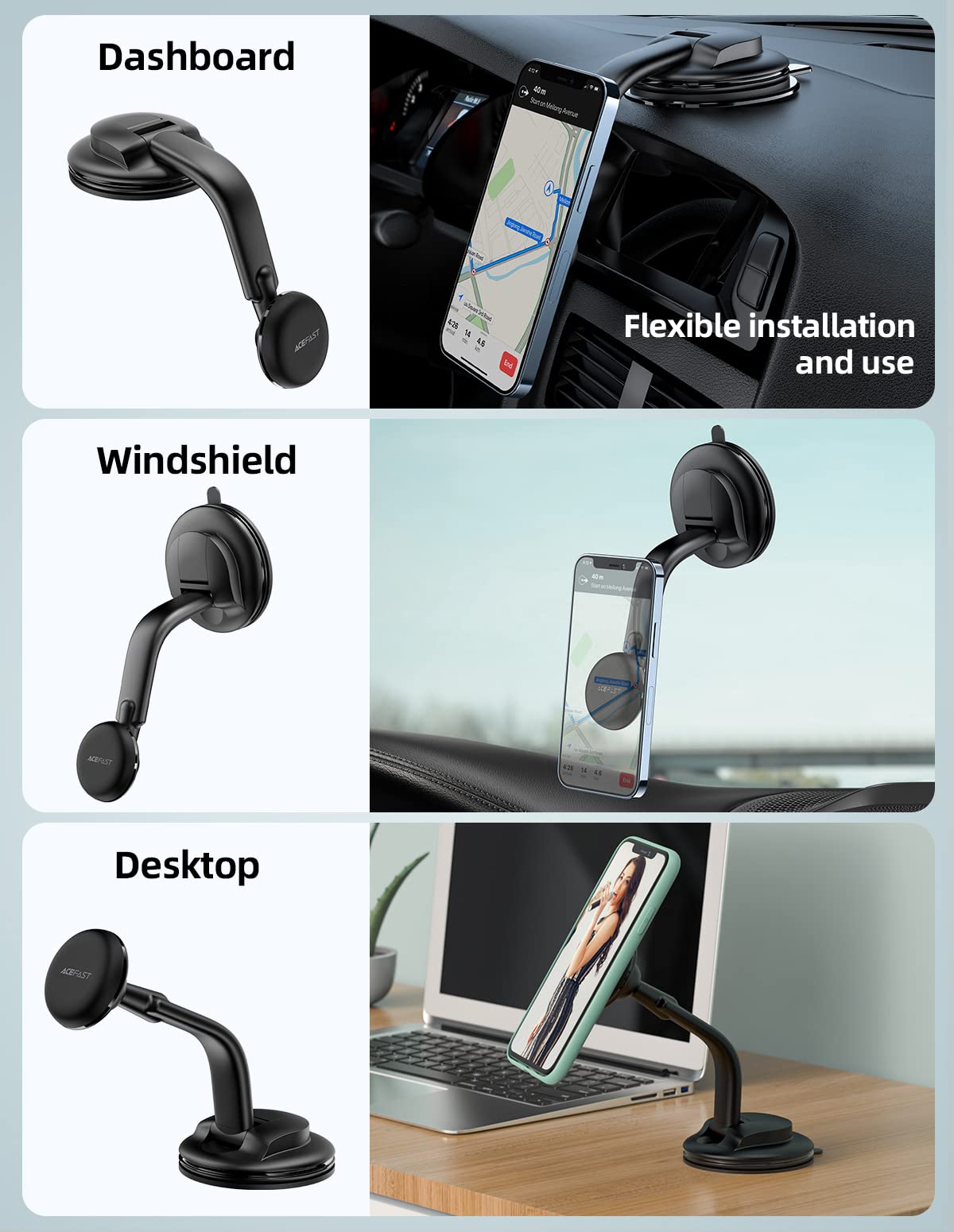 Magnetic Phone Car Mount, ACEFAST Universal Phone Car Holder Low Installation Height Built-in Four N52 Super Strong Magnets Large Sticky Base Suction Cup Dashboard Windshield Flexible Installation