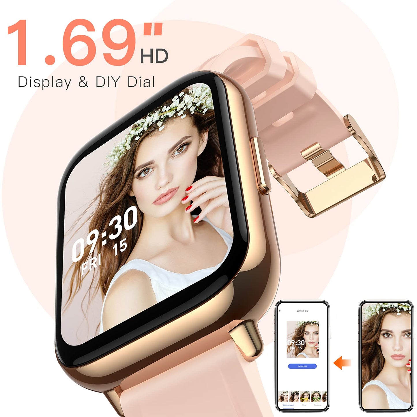 Smart Watch for Women, AGPTEK 1.69"(43mm) Smartwatch for Android and iOS Phones IP68 Waterproof Fitness Tracker Watch Heart Rate Monitor Pedometer Sleep Monitor for Women Gold, LW31