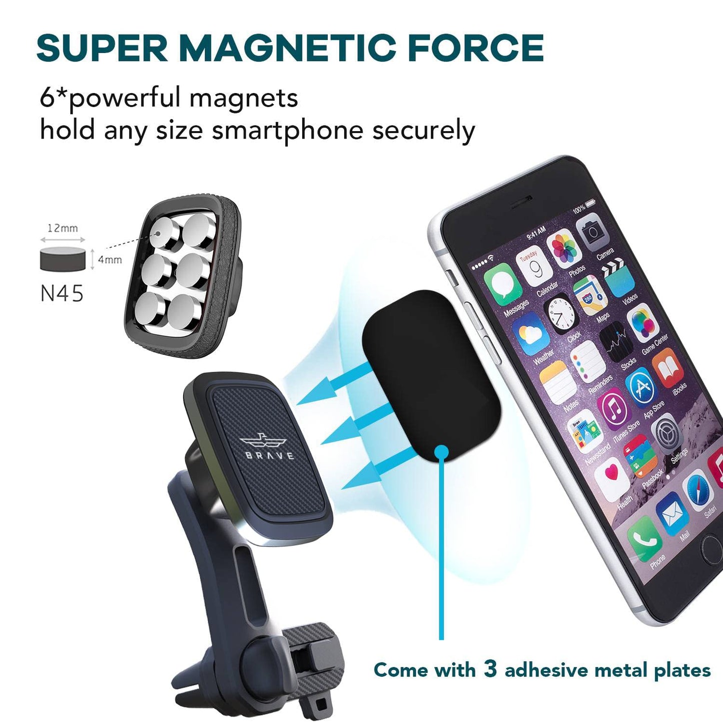 BRAVE Magnetic Phone Holder for Car, Double Air Vent Locking Car Phone Mount, Magnetic Car Phone Holder 360° Rotation Reachable Neck Double Expandable for iPhone 15 Pro Max, Samsung S24 Ultra – Black