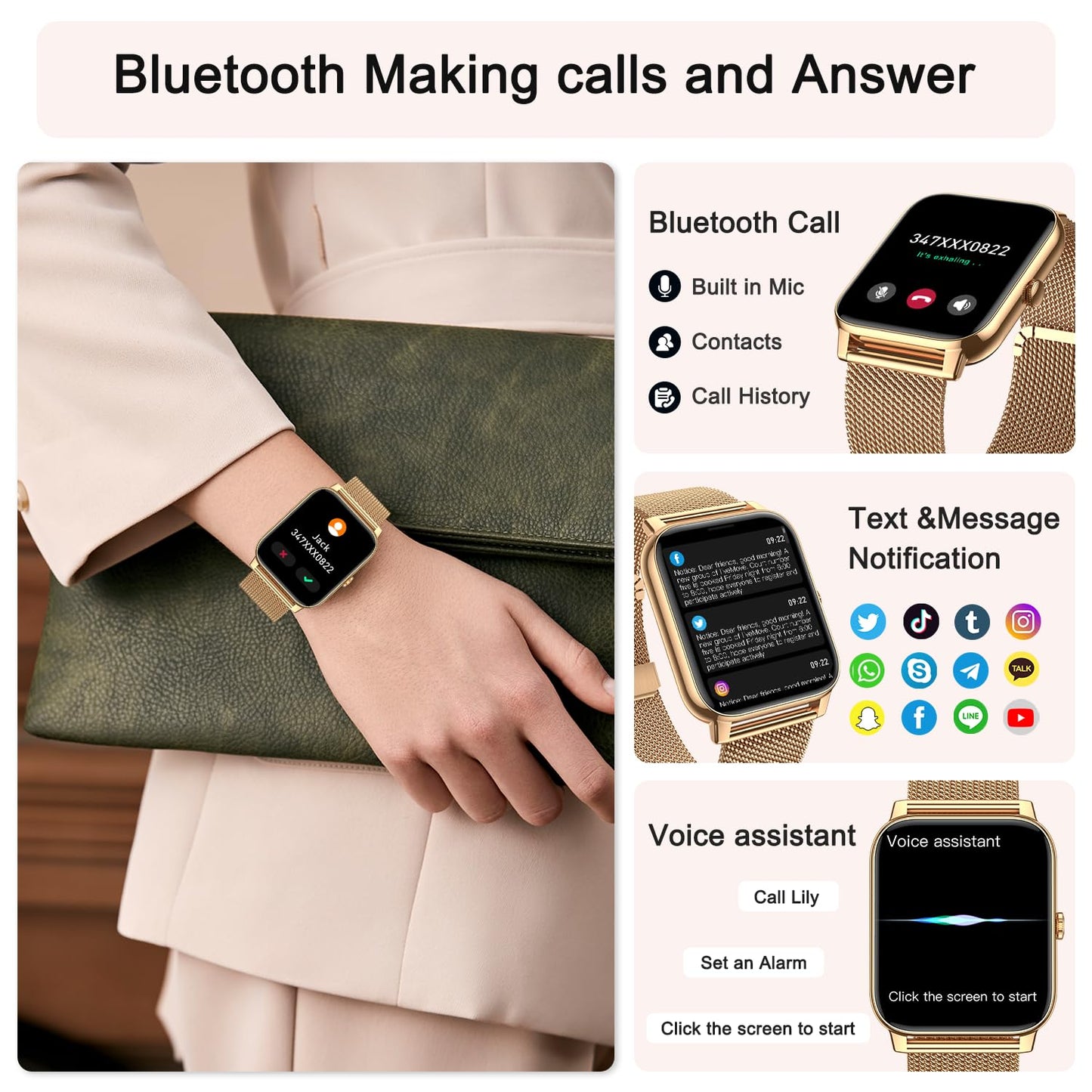 Smart Watch for Women Fitness Tracker: Gold Smart Watches for Women Digital Mens Watches Make/Answer Call Waterproof Running Smartwatch Android Phone iPhone Samsung Compatible Heart Rate Monitor