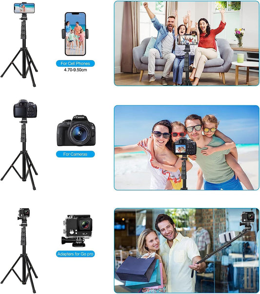 QQAPPU 170cm Phone Tripod, Extendable Selfie Stick Tripod with Remote, Portable Cell Phone Tripod Stand, Lightweight Travel Tripod