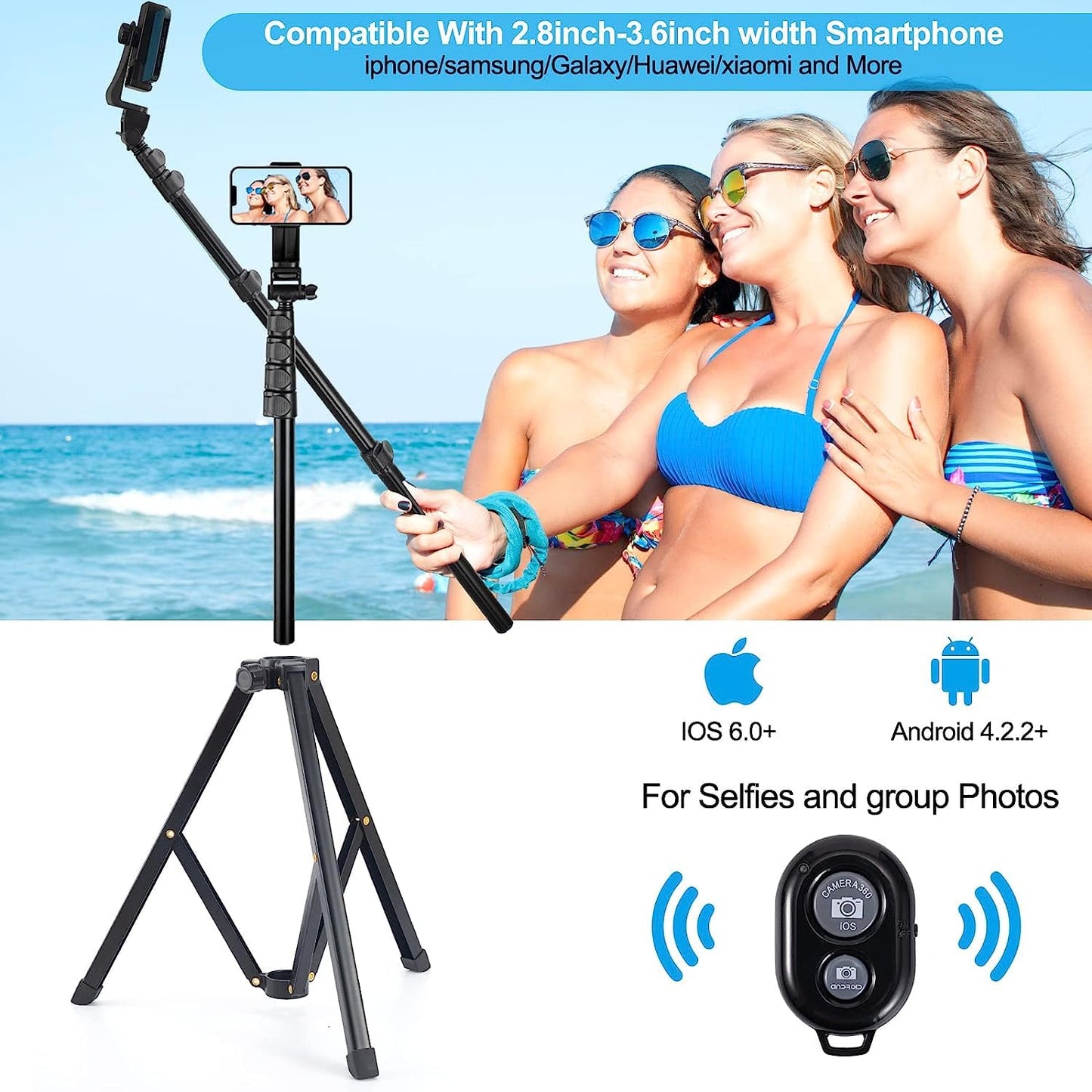 QQAPPU 170cm Phone Tripod, Extendable Selfie Stick Tripod with Remote, Portable Cell Phone Tripod Stand, Lightweight Travel Tripod