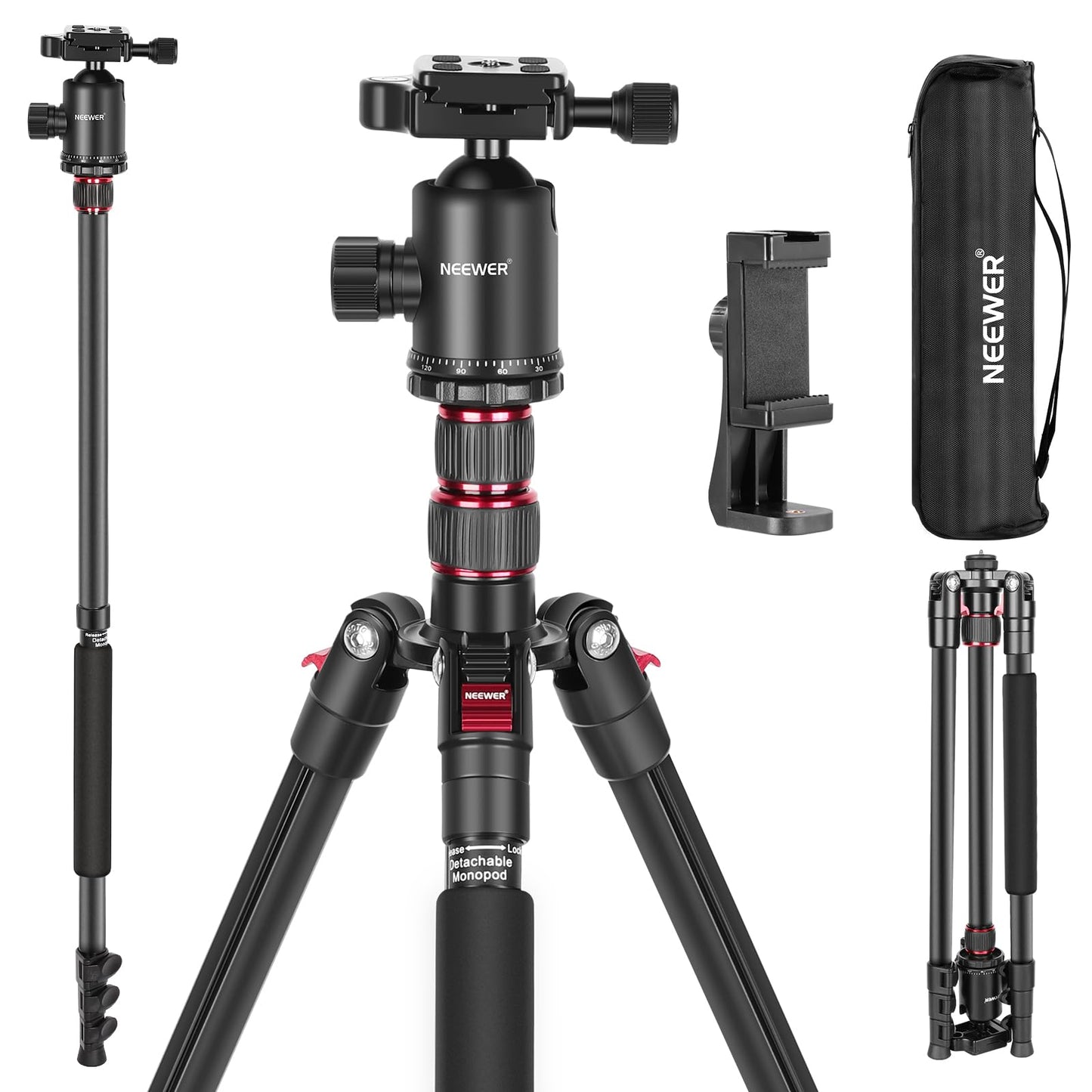 Neewer 77-Inch Tripod, Camera Tripod for DSLR, 2-in-1 Compact Aluminum Tripod Monopod with 360 Degree Ball Head, 2 Center Axis, QR Plate and 8 Kilograms Load for Travel and Work, Carry Bag Included