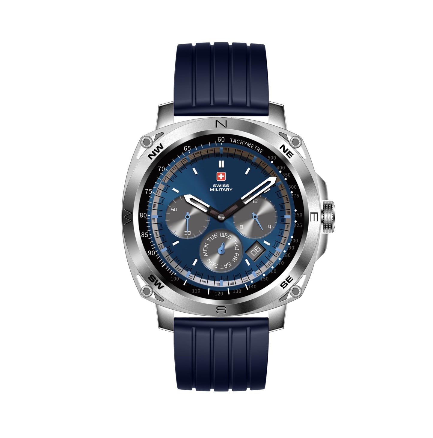 Swiss Military Dom 4 Smartwatch - 1.43" AMOLED, Call Features, Multi Language, Heart Rate/BP/Oxygen Level Monitoring, Wireless Charging, 5-7 Days Battery Life,IP67, Compatibility: iOS/Android- Blue