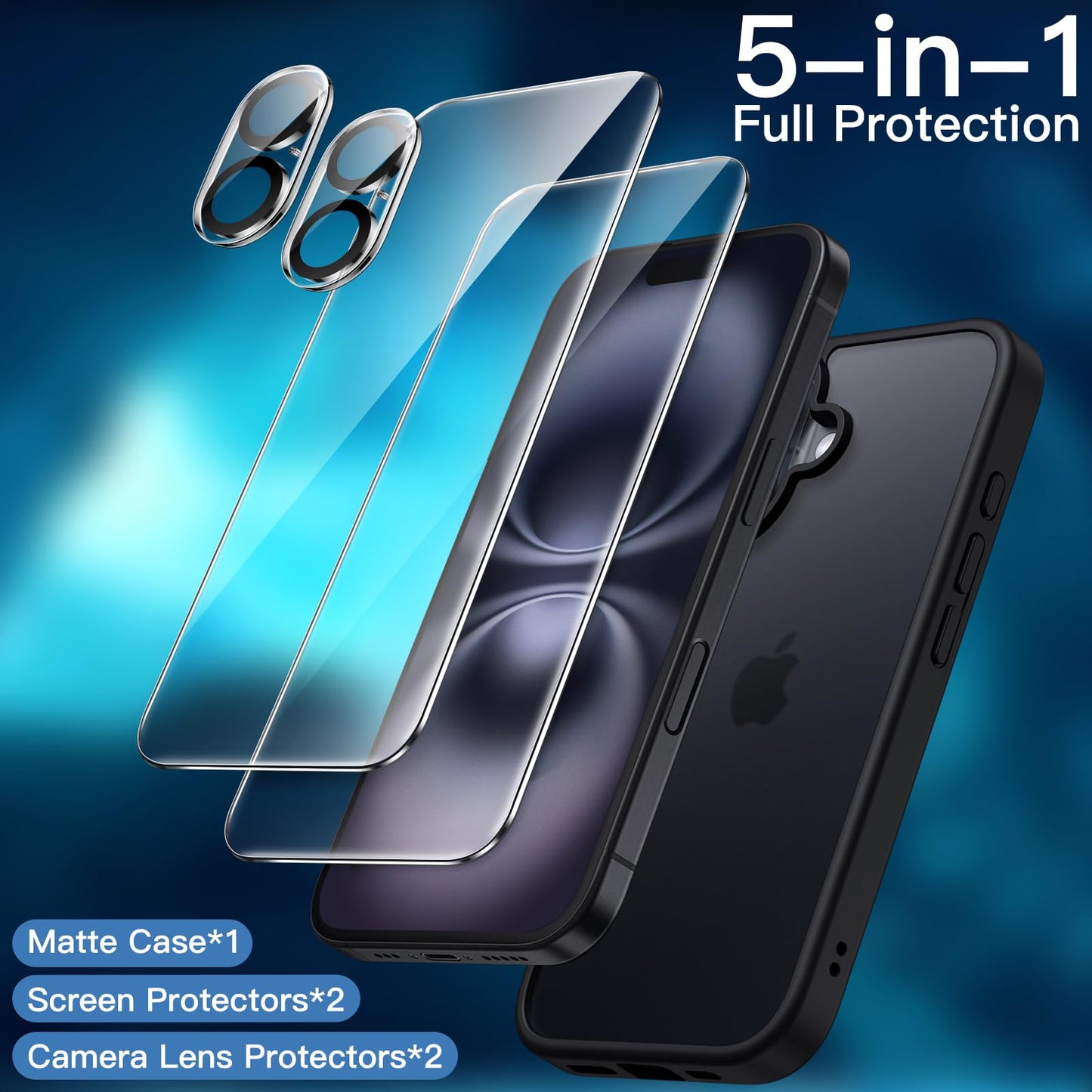 JETech 5 in 1 Matte Case for iPhone 16 6.1-Inch with 2-Pack Each Tempered Glass Screen Protector and Camera Lens Protector, Translucent Back Shockproof Phone Cover (Black)