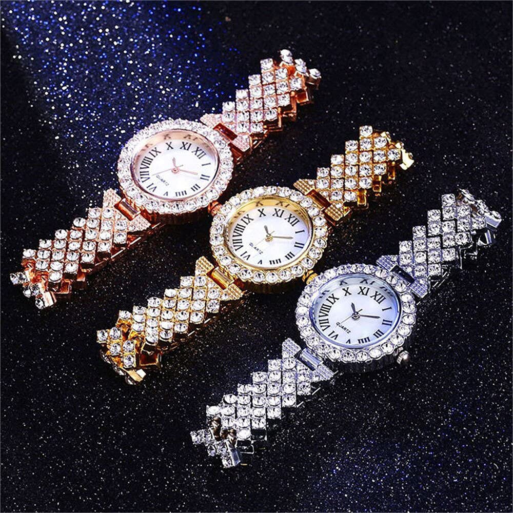 Excefore Women Luxury Watches, 2 Pcs Lady Watches with Bracelet Set, Analogue Quartz Diamond Watches with Stainless Steel Strap, Lady Rhinestone Wrist Watch+Jewelry Cuff Bracelet Set