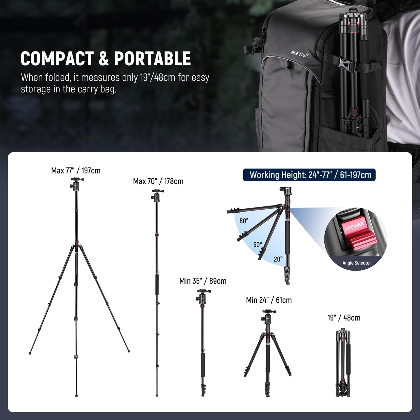 Neewer 77-Inch Tripod, Camera Tripod for DSLR, 2-in-1 Compact Aluminum Tripod Monopod with 360 Degree Ball Head, 2 Center Axis, QR Plate and 8 Kilograms Load for Travel and Work, Carry Bag Included