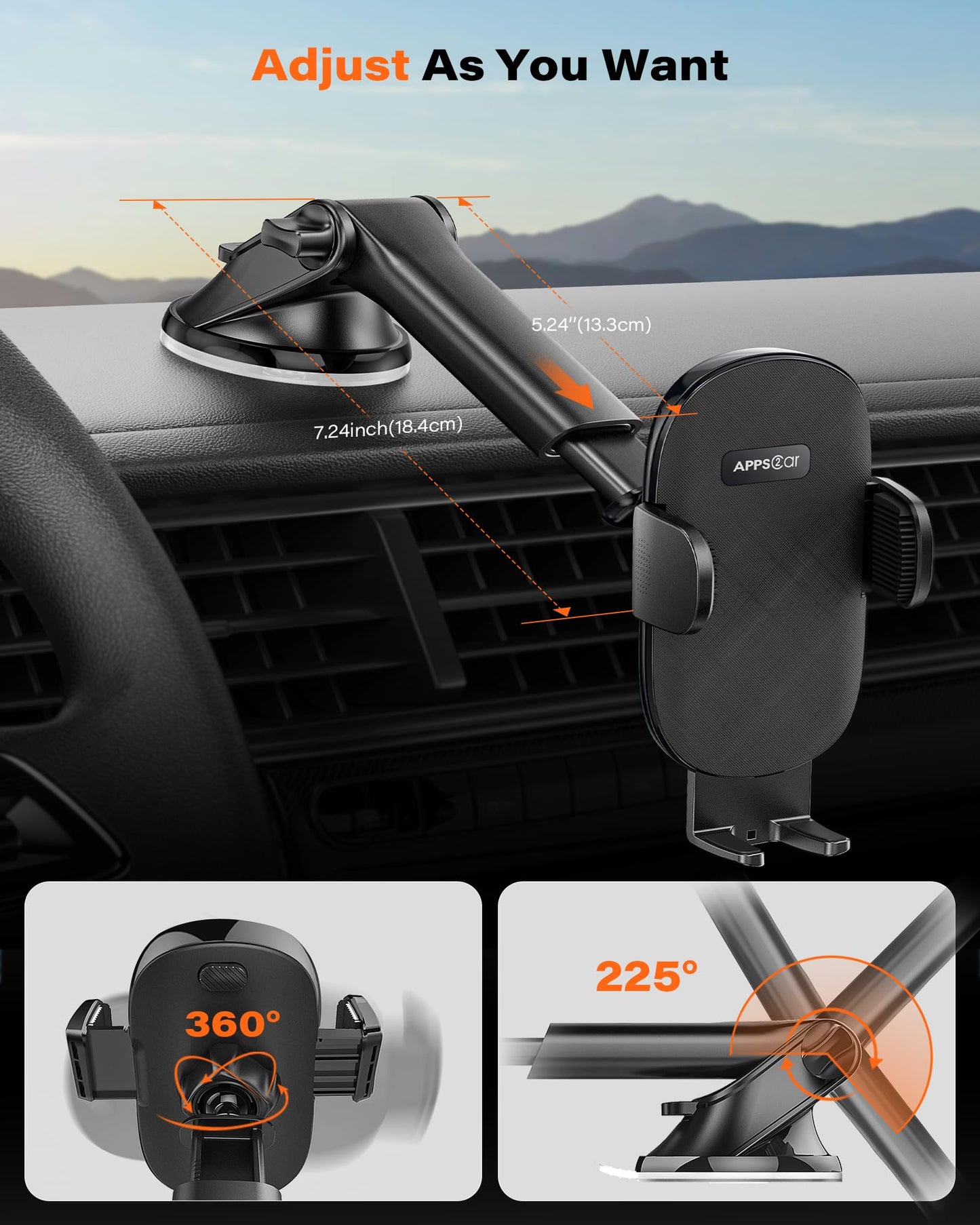 APPS2Car Car Phone Holder Mount Dashboard/Windshield Car Mobile Holder Rotatable 360 Car Mount with Suction Cup Compatible with iPhone 15/14/13 series and all Android Phone