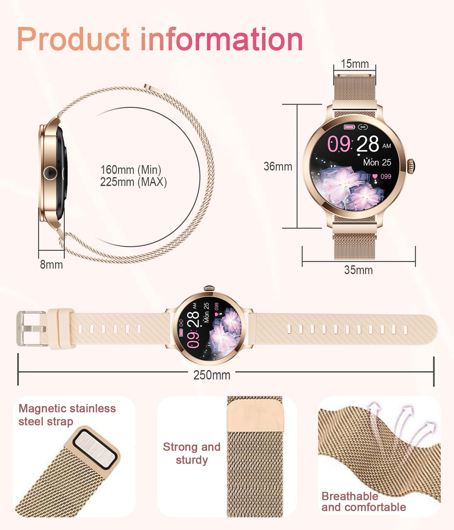 Efolen Smart Watches for Women, 1.106" AMOLED Small Screen Smartwatch Answer/Make Call for Android iOS Phones, IP68 Waterproof Fitness Activity Tracker with 100+ Sports, Heat Rate, SpO2, Rose Gold