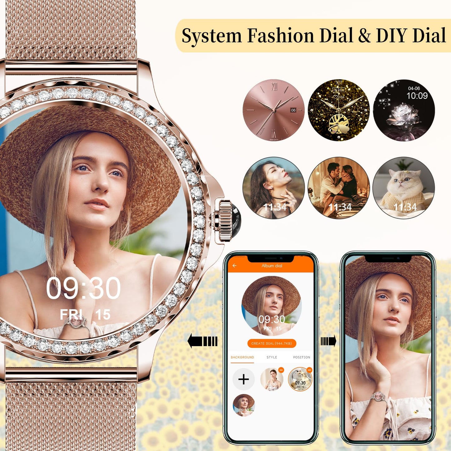 Efolen Smart Watches for Women with Diamonds (Answer/Make Call), 1.3'' Bluetooth Smartwatch for Android iOS, Waterproof Fitness Watch with Heart Rate/SpO2/Sleep/BP/AI Voice (Rose Gold)