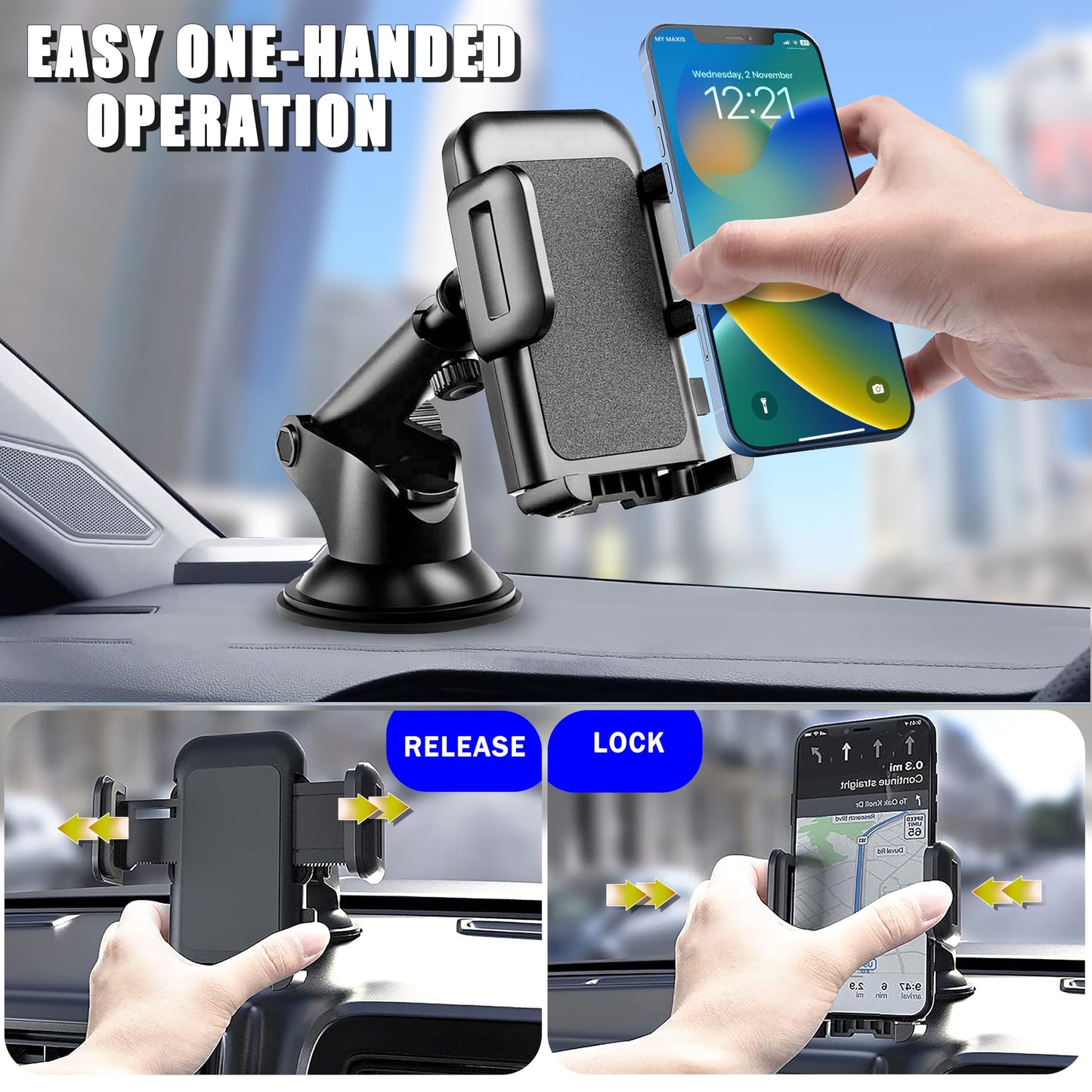 GVTECH Car Phone Holder, Dashboard Windscreen Car Phone Mount, Universal Car Cradle 360° Rotatable Extendable Arm One Button Release stand for iPhone13 12 11 Pro Max XS Xr X 8 7 Plus, Samsung