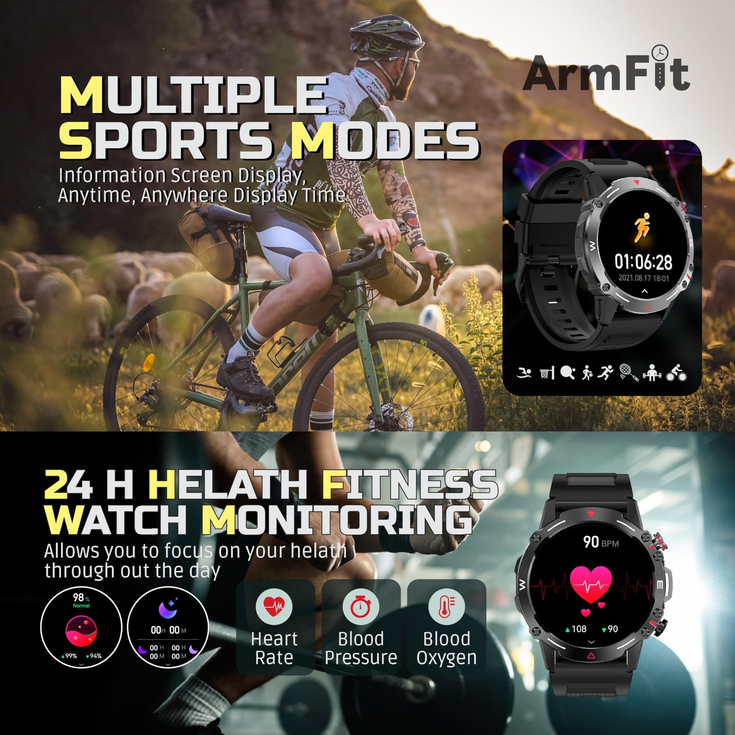 Armfit HULK Smart watch with AMOLED Always On Display Smartwatches for men, BT Calling Waterproof Fitness Watch with Heart Sleep Monitor for Android iOS (Black)