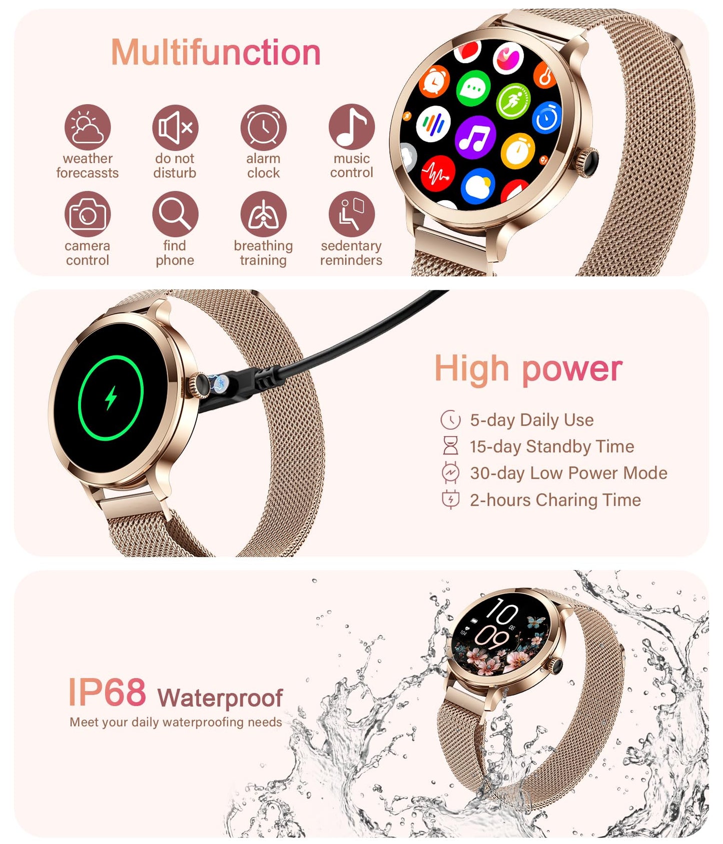 Efolen Smart Watches for Women, 1.106" AMOLED Small Screen Smartwatch Answer/Make Call for Android iOS Phones, IP68 Waterproof Fitness Activity Tracker with 100+ Sports, Heat Rate, SpO2, Rose Gold