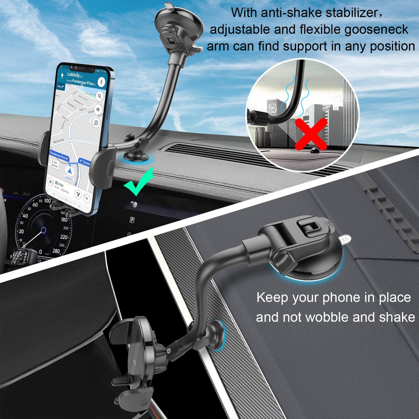 APPS2Car Car Phone Holder Dashboard Windshield Car Phone Mount Strong Suction Long Arm Phone Holder Mount for All iPhone Android Smartphone