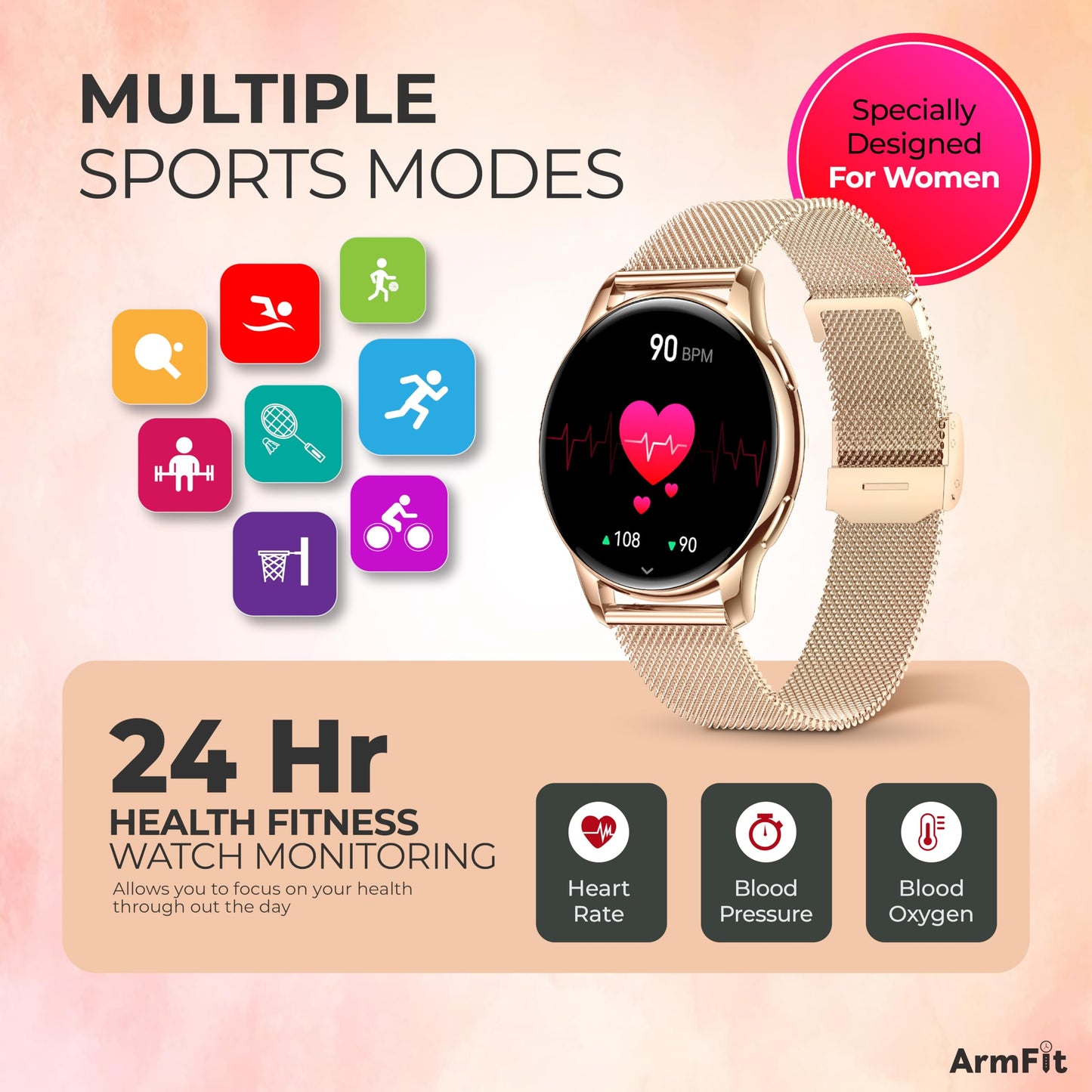 ArmFit QUEEN Smart watch with AMOLED Always On Display smart watch for women, BT Calling Waterproof Fitness Watch with Heart Sleep Monitor for Android iOS