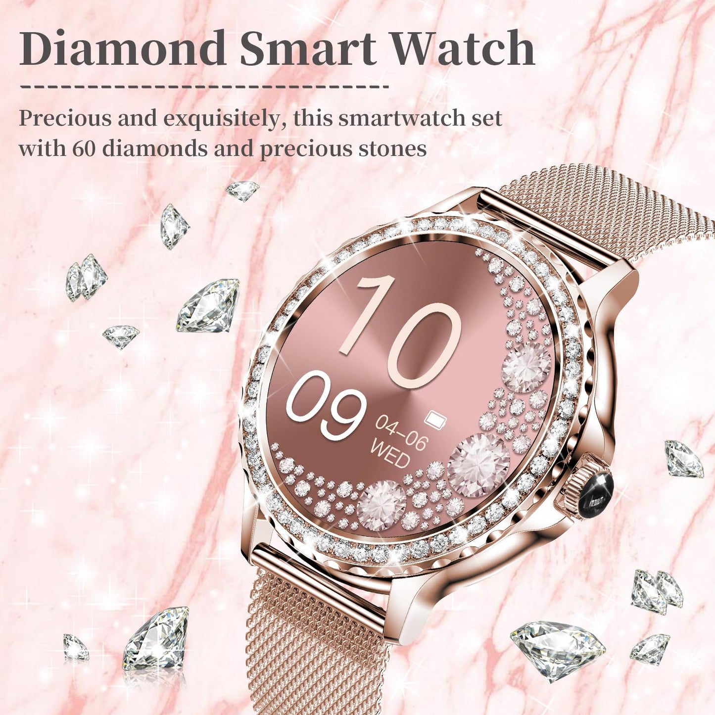 Efolen Smart Watches for Women with Diamonds (Answer/Make Call), 1.3'' Bluetooth Smartwatch for Android iOS, Waterproof Fitness Watch with Heart Rate/SpO2/Sleep/BP/AI Voice (Rose Gold)