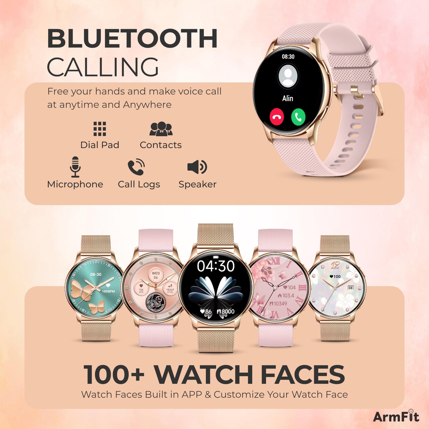 ArmFit QUEEN Smart watch with AMOLED Always On Display smart watch for women, BT Calling Waterproof Fitness Watch with Heart Sleep Monitor for Android iOS