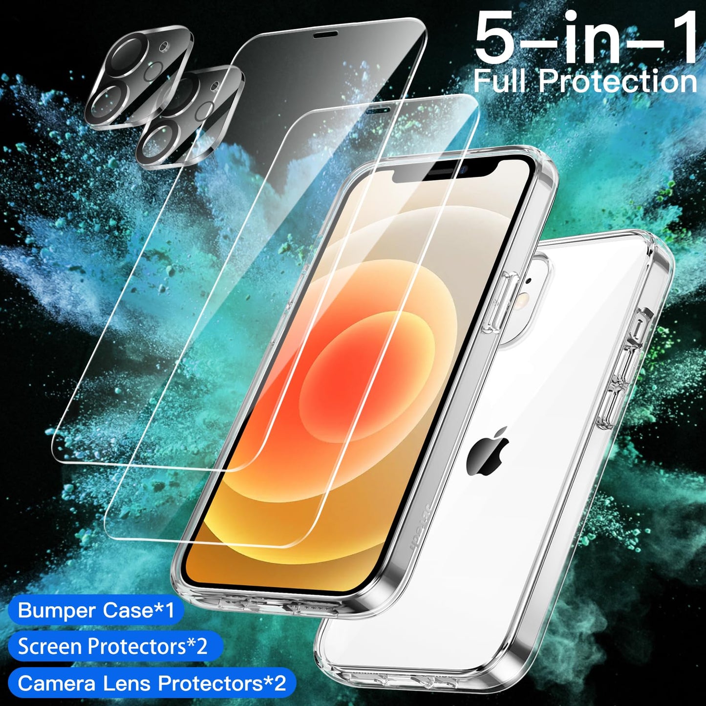 JETech 5 in 1 Case for iPhone 12 6.1-Inch, with 2-Pack Screen Protector and 2-Pack Camera Lens Protector, Full Coverage Tempered Glass Film, Non-Yellowing Shockproof Bumper Phone Cover (Clear)