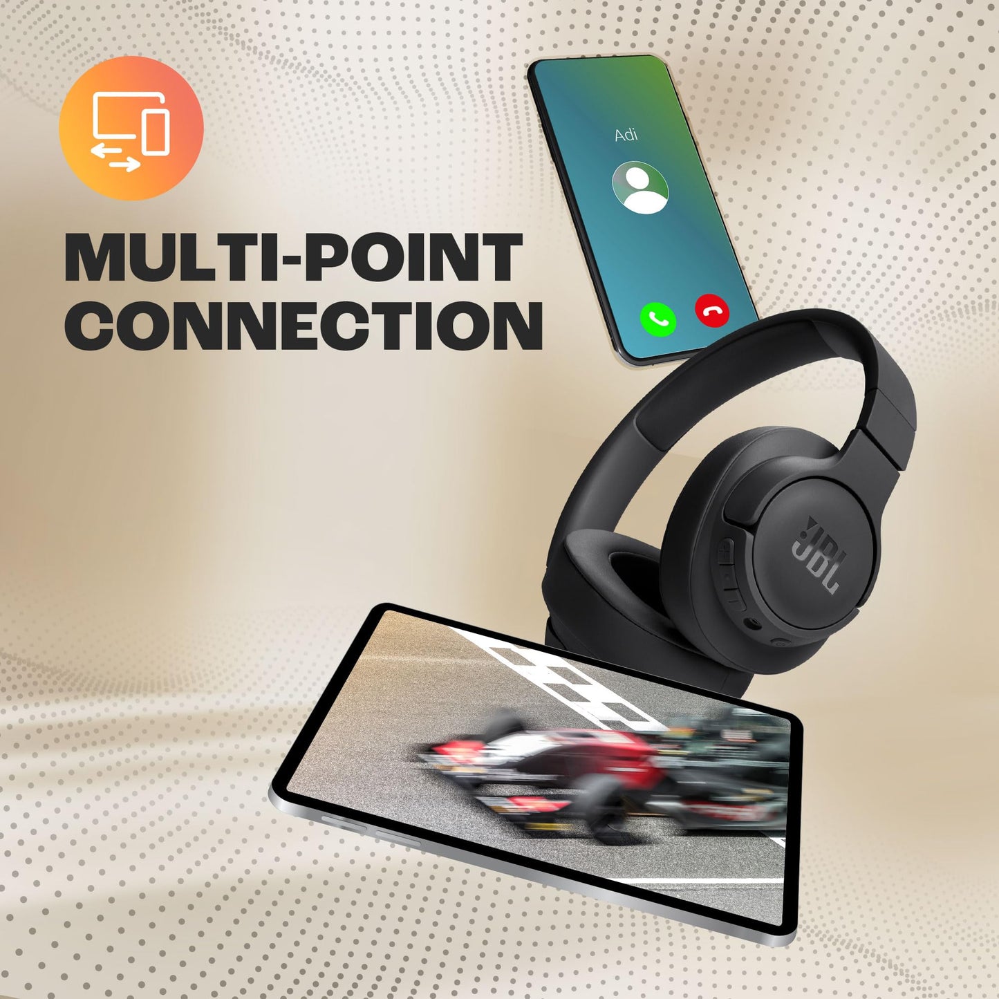 JBL Tune 720BT Wireless Over-Ear Headphones, Pure Bass Sound, Bluetooth 5.3, 76H Battery, Hands-Free Call, Multi-Point Connection, Foldable, Detachable Audio Cable - Black, JBLT720BTBLK