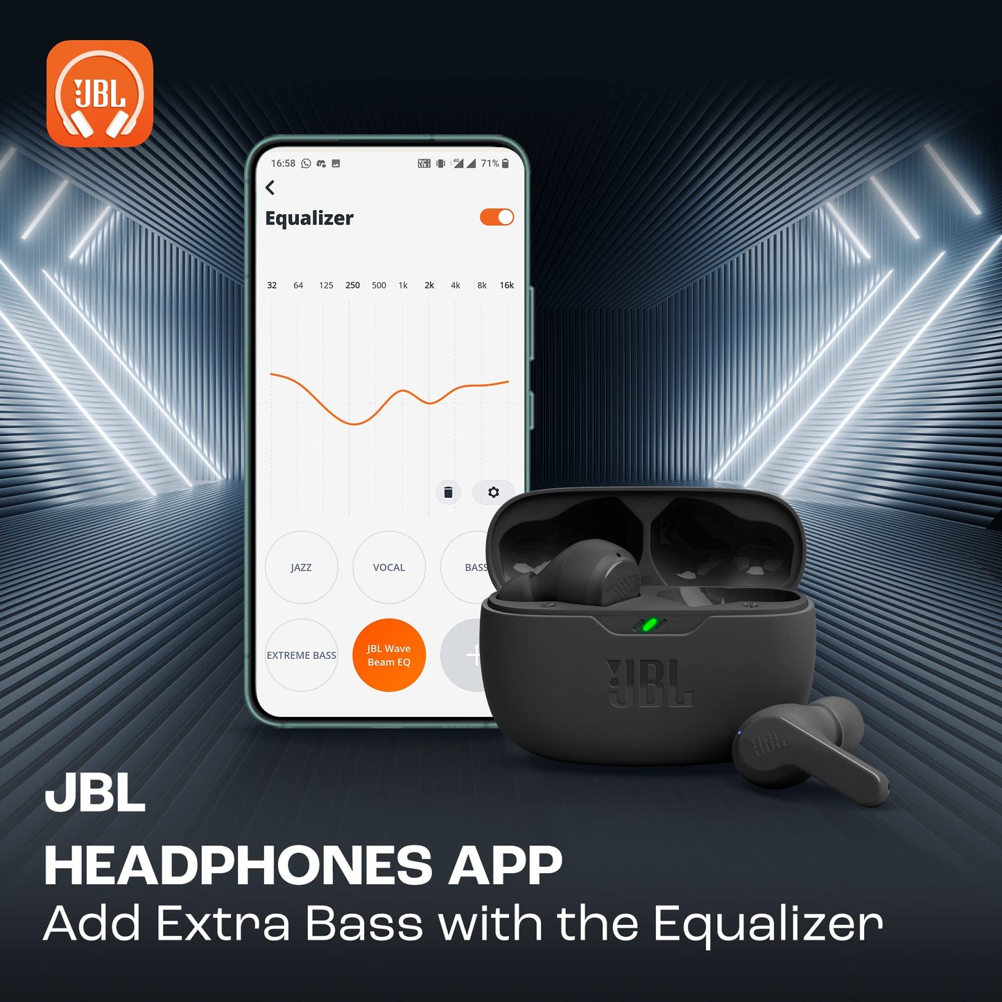 JBL Wave Beam True Wireless Earbuds, Deep Bass,Comfort Fit, 32H Battery, Smart Ambient, TalkThru, Hands-Free + VoiceAware, Water and Dust Resistant - Black, JBLWBEAMBLK