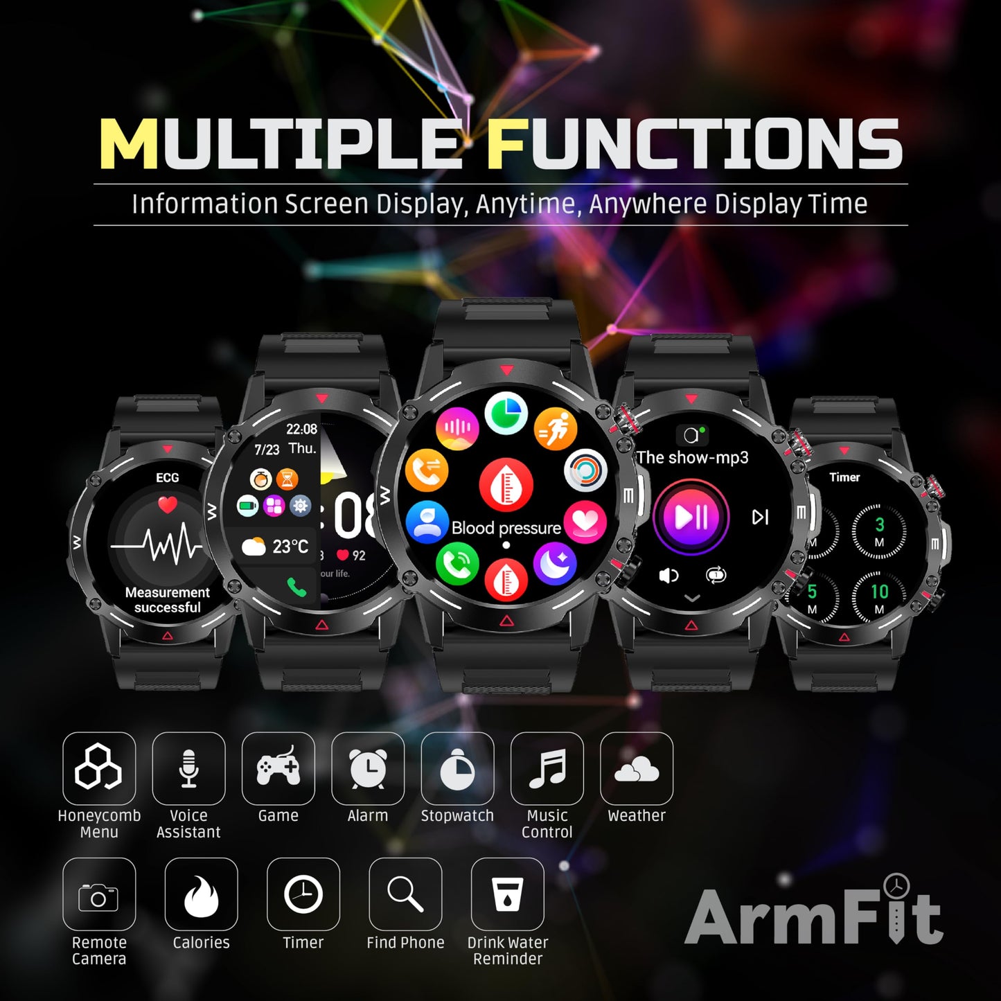 Armfit HULK Smart watch with AMOLED Always On Display Smartwatches for men, BT Calling Waterproof Fitness Watch with Heart Sleep Monitor for Android iOS (Black)