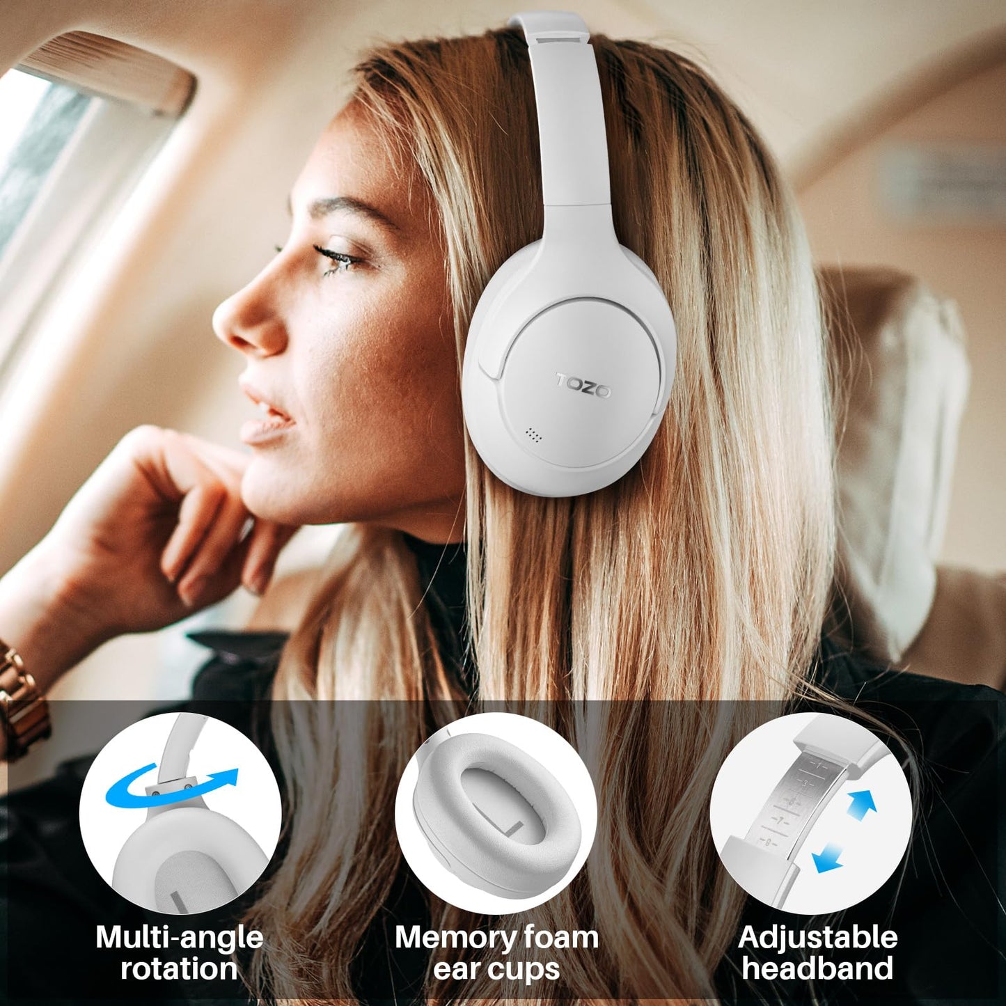 TOZO HT2 Hybrid Active Noise Cancelling Headphones, Wireless Over Ear Bluetooth Headphones, 60H Playtime, Hi-Res Audio Custom EQ via App Deep Bass Comfort Fit Ear Cups, for Home Office Travel White