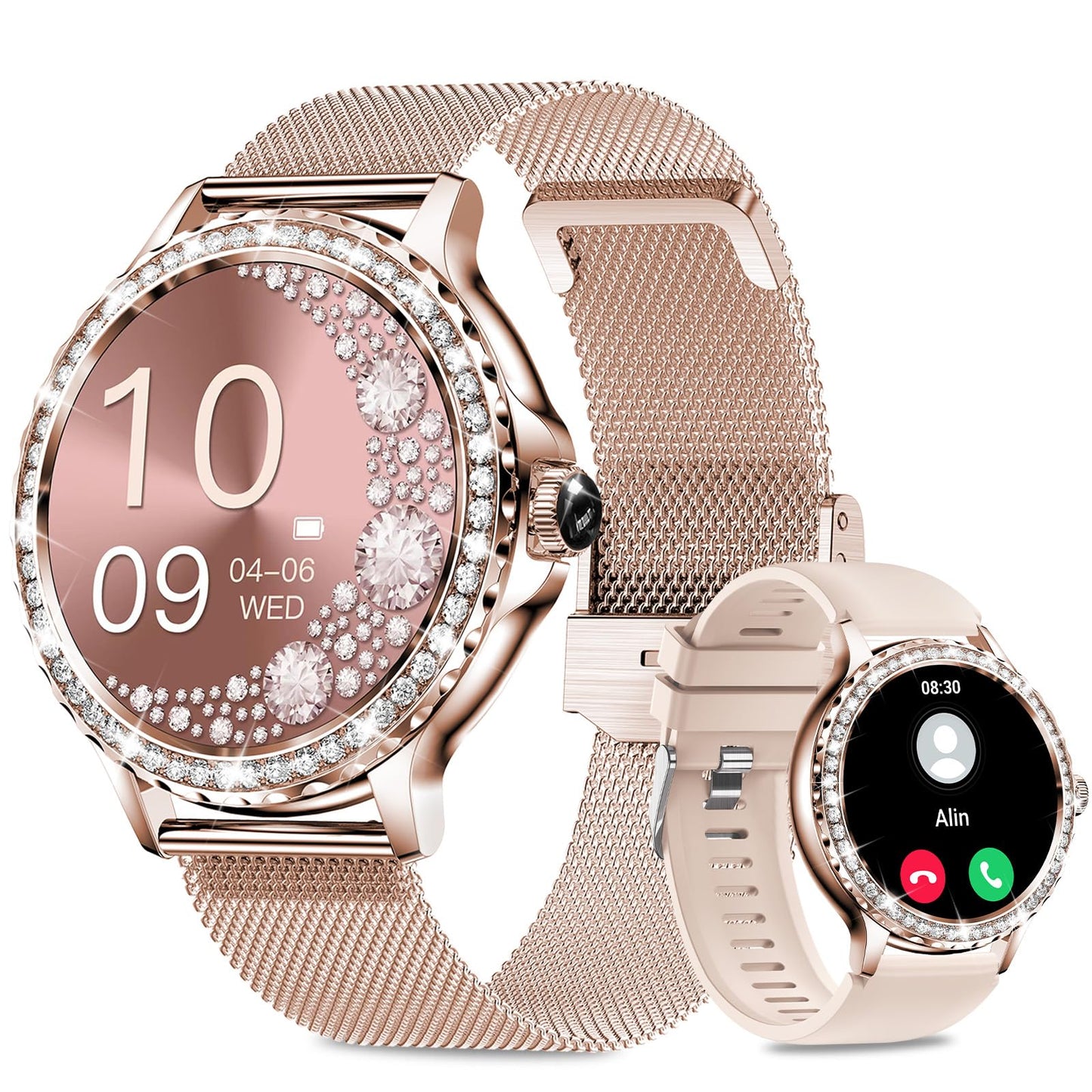 Efolen Smart Watches for Women with Diamonds (Answer/Make Call), 1.3'' Bluetooth Smartwatch for Android iOS, Waterproof Fitness Watch with Heart Rate/SpO2/Sleep/BP/AI Voice (Rose Gold)