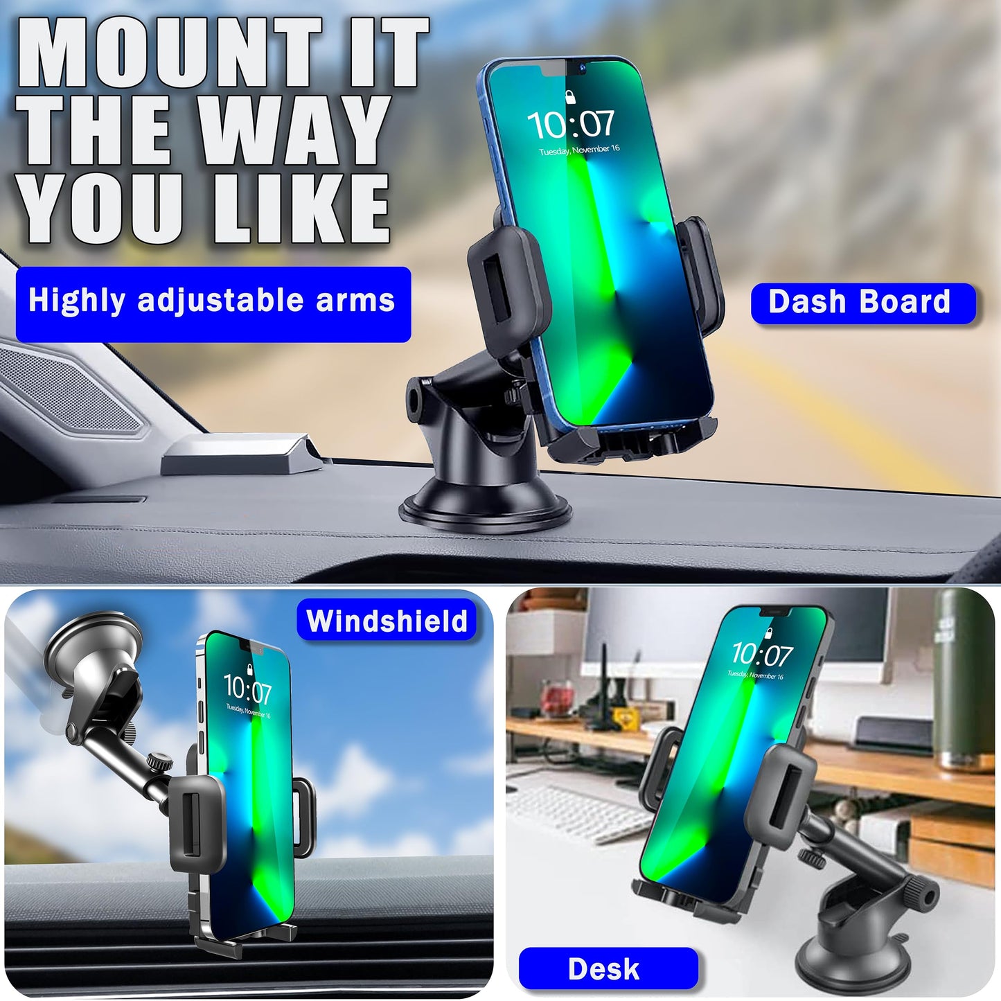 GVTECH Car Phone Holder, Dashboard Windscreen Car Phone Mount, Universal Car Cradle 360° Rotatable Extendable Arm One Button Release stand for iPhone13 12 11 Pro Max XS Xr X 8 7 Plus, Samsung