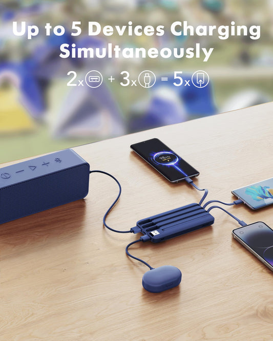 Charmast Power Bank with Built in Cables, 20000mAh USB C Battery Pack 5 Outputs 4 Inputs with LED Display Type C Powerbank,22.5W Fast Charging Portable Charger Compatible with Smartphones(Blue)