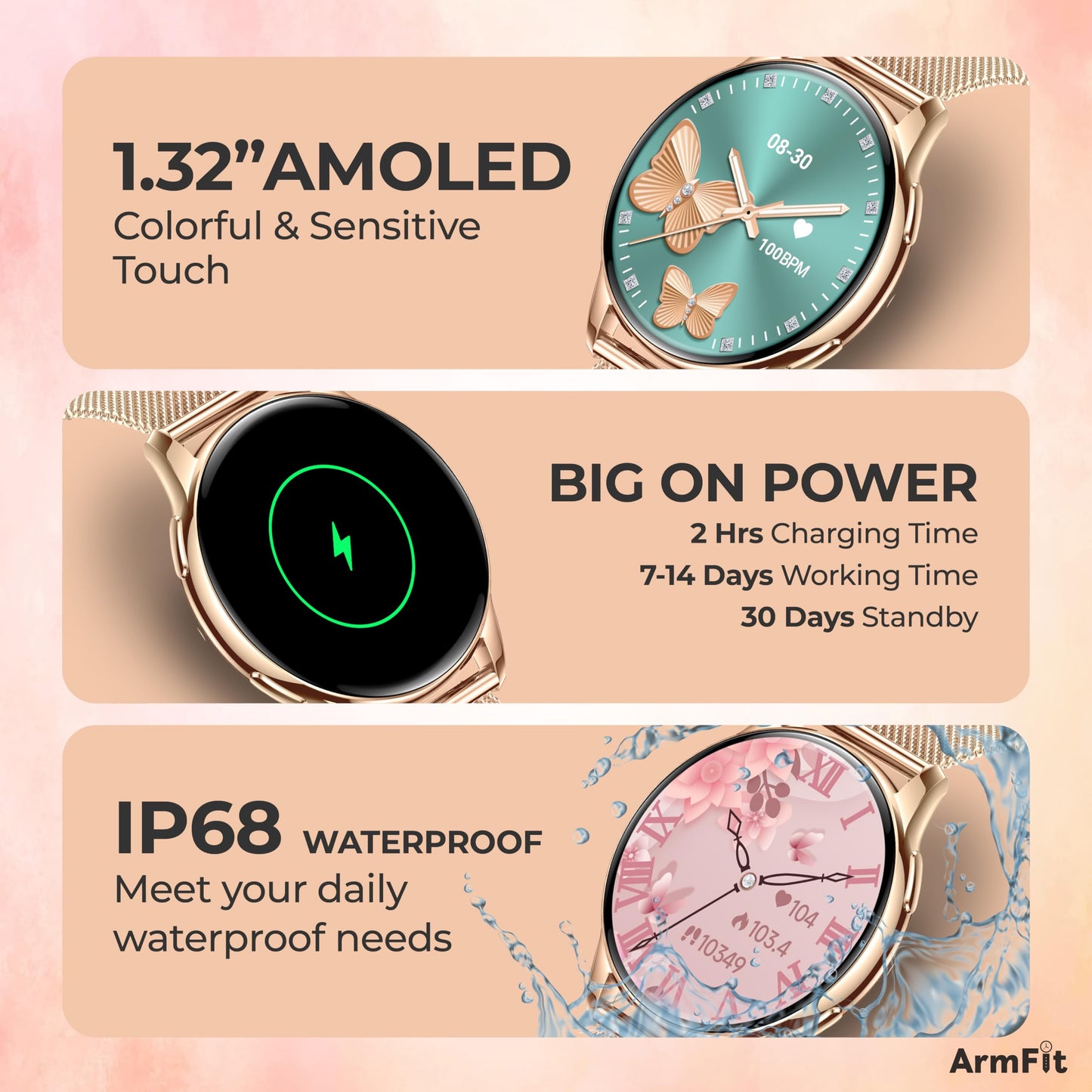 ArmFit QUEEN Smart watch with AMOLED Always On Display smart watch for women, BT Calling Waterproof Fitness Watch with Heart Sleep Monitor for Android iOS