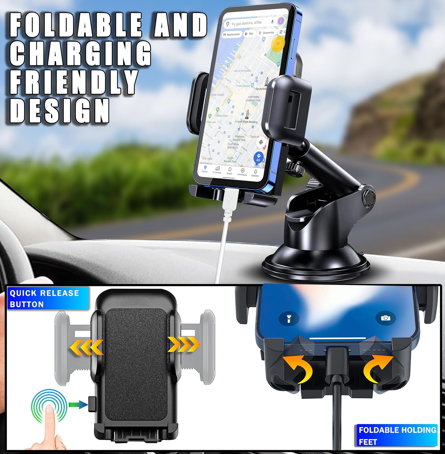 GVTECH Car Phone Holder, Dashboard Windscreen Car Phone Mount, Universal Car Cradle 360° Rotatable Extendable Arm One Button Release stand for iPhone13 12 11 Pro Max XS Xr X 8 7 Plus, Samsung